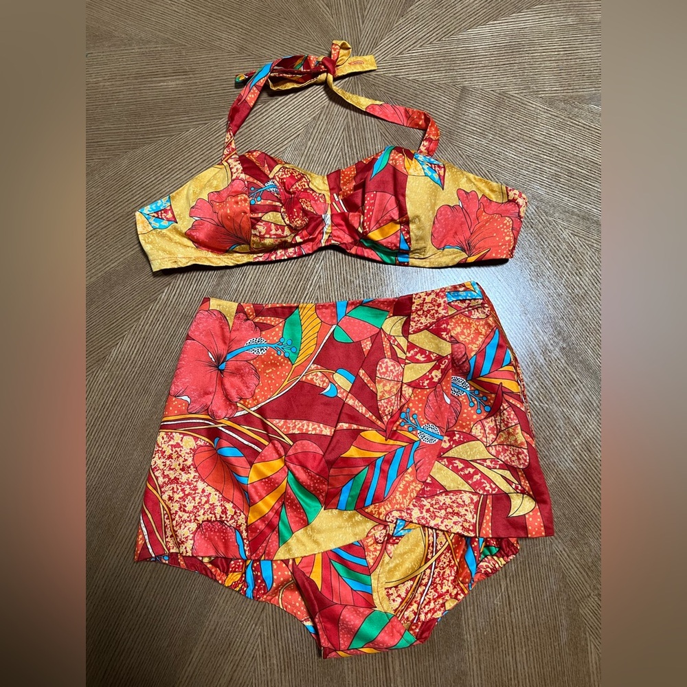 VINTAGE NWT 1960’s Swimsuit Paradise Hawaii Bikini Red Tropical Print
